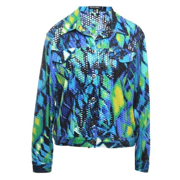 Notations Women’s Blue and Green Square Print Shiny Button Up Jacket Size XL - Picture 1 of 9